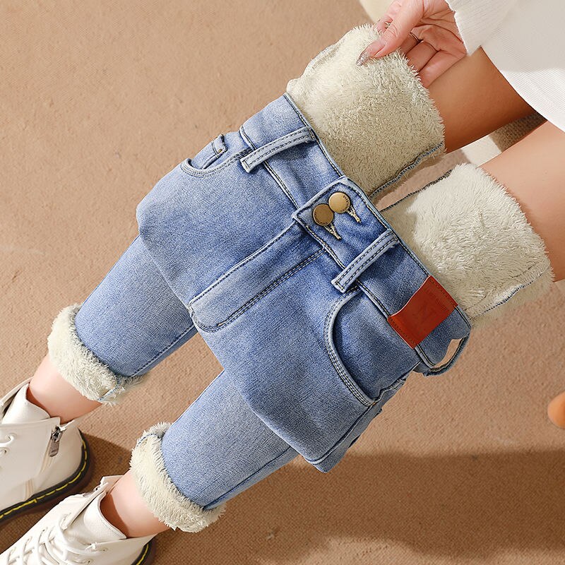 Winter Women Thicken Stretch Skinny Fleece Jeans Woman High Waist Solid Warm Jeans Lady Vintage Denim Pencil Pants Korean E562